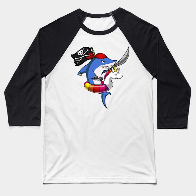 Shark Pirate Riding Unicorn Float Pool Party Baseball T-Shirt by underheaven